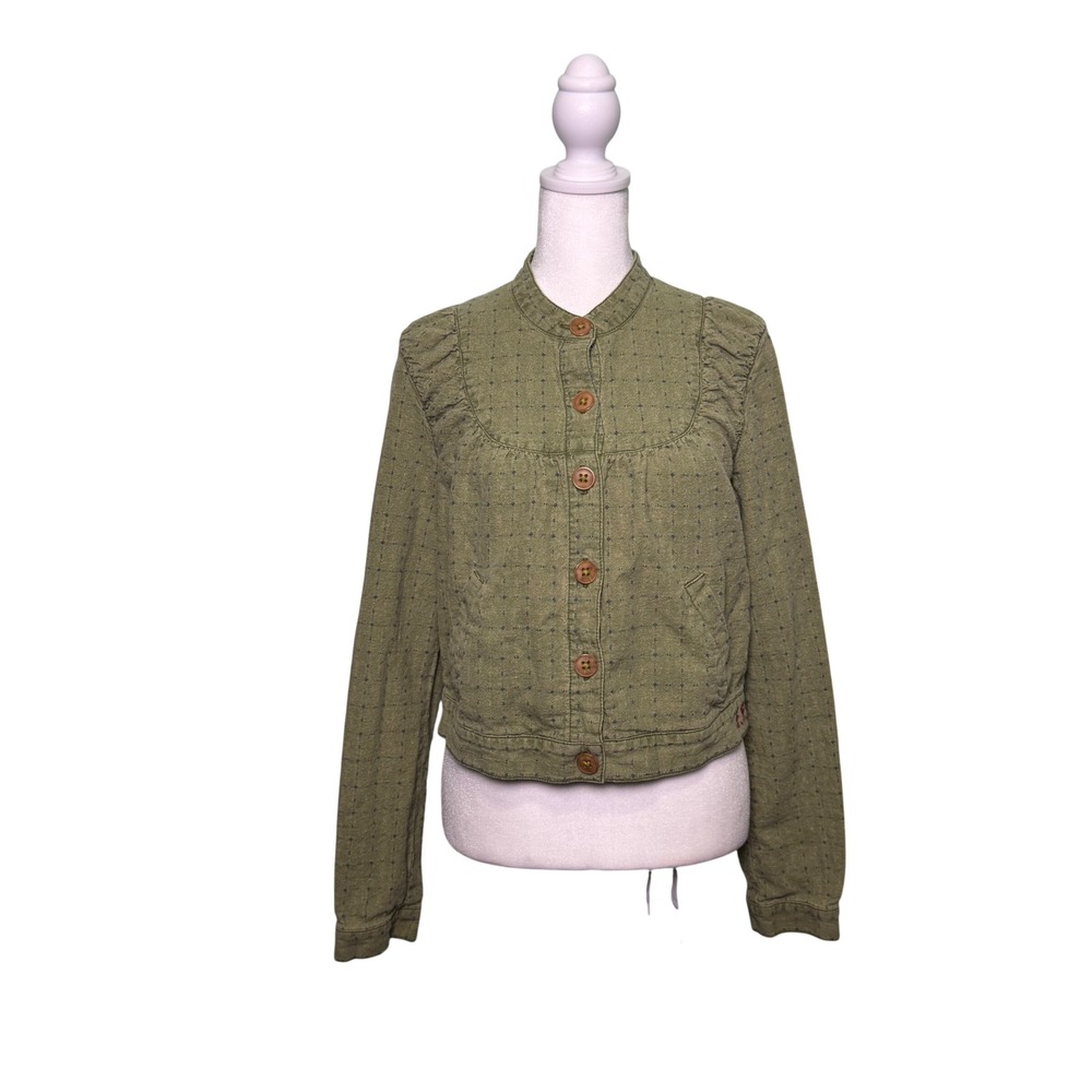Free People Crop Jacket Linen Blend Distressed Green Logo Pockets Size Medium